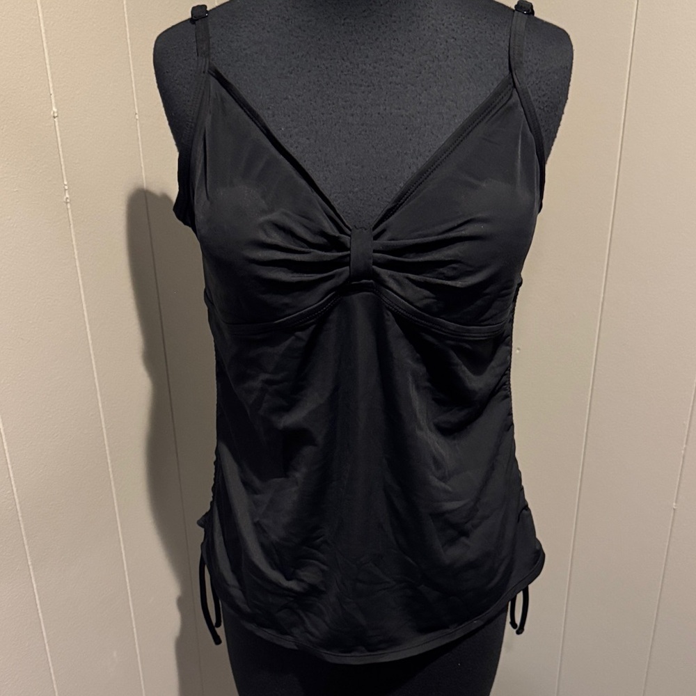 B14 Black tab gathered center bodice drawstring sides tankini long swimsuit top.